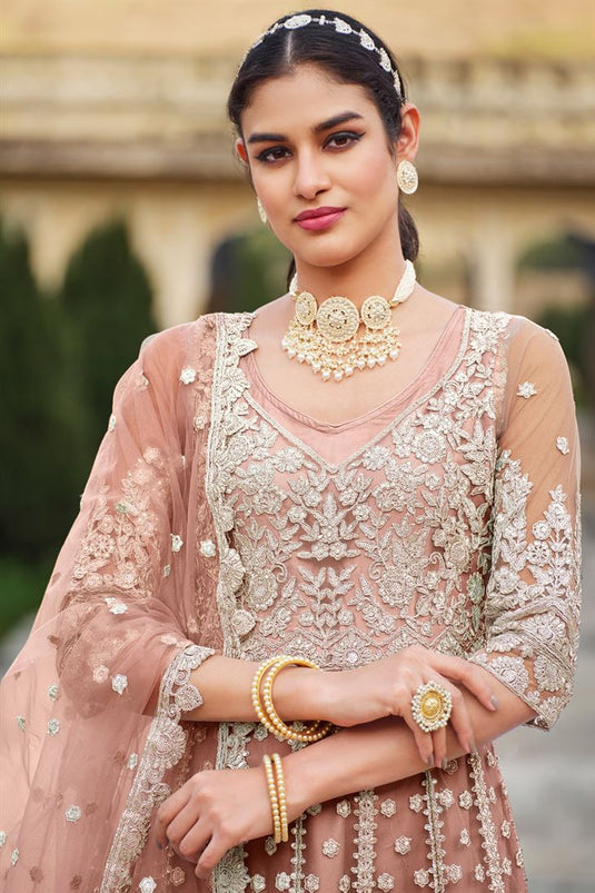 Gorgeous Peach Net Anarkali Suit with Embroidered Work for Party