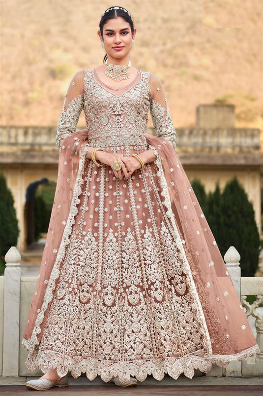 Gorgeous Peach Net Anarkali Suit with Embroidered Work for Party