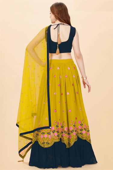 Tempting Georgette Fabric Mustard Color Lehenga With Embroidered Work