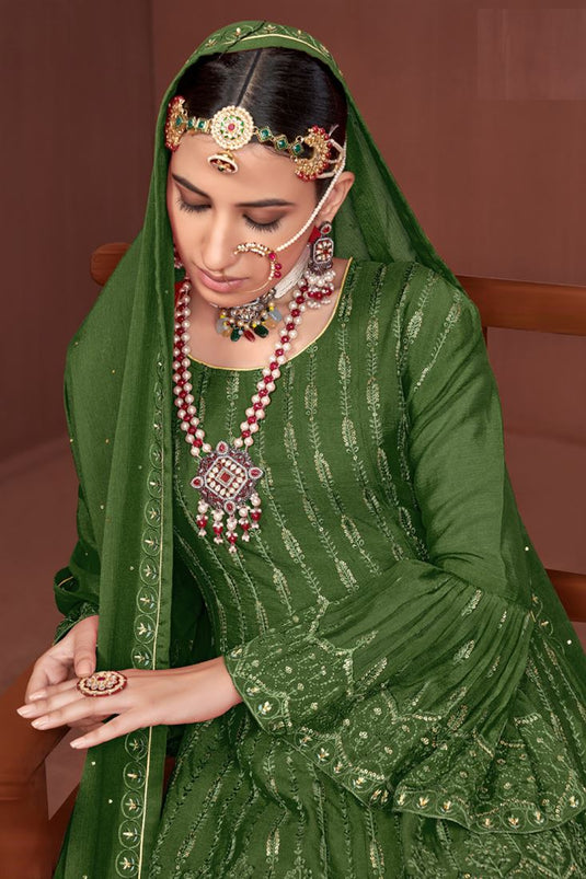 Green Color Chinon Fabric Party Wear Febulous Readymade Sharara Suit With Embroidered Work