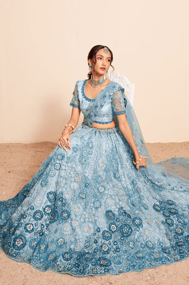 Net Fabric Light Cyan Color Stylish Look Embroidered Lehenga