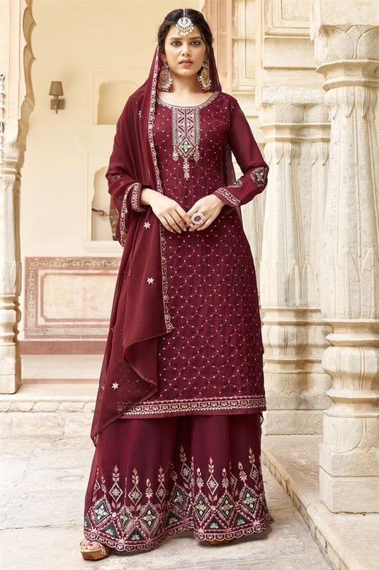 Beguiling Maroon Color Georgette Fabric Palazzo Suit