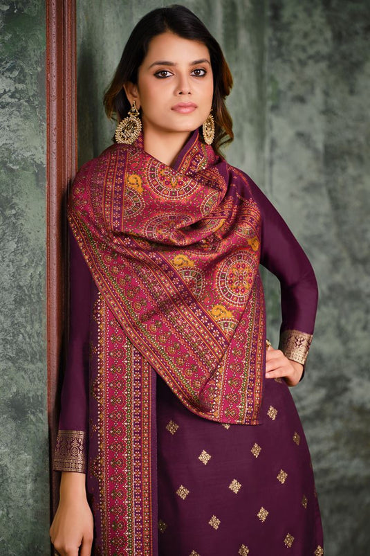 Purple Color Jacquard Silk Fabric Weaving Work Festival Wear Salwar Suit