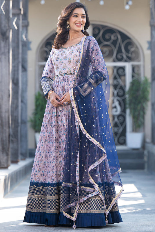 Function Wear Georgette Printed Grey Color Readymade Gown With Dupatta