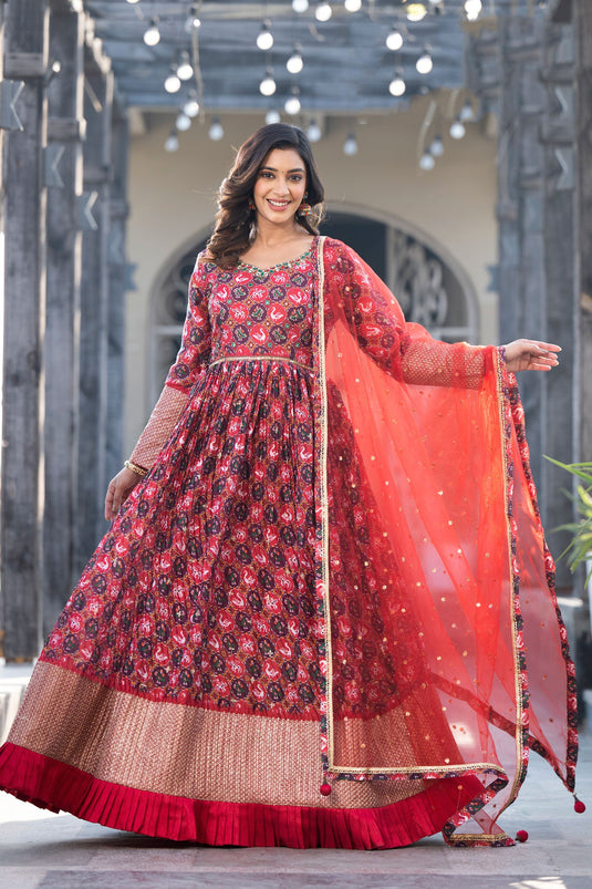 Stylish Printed Georgette Red Color Readymade Gown With Dupatta For Function