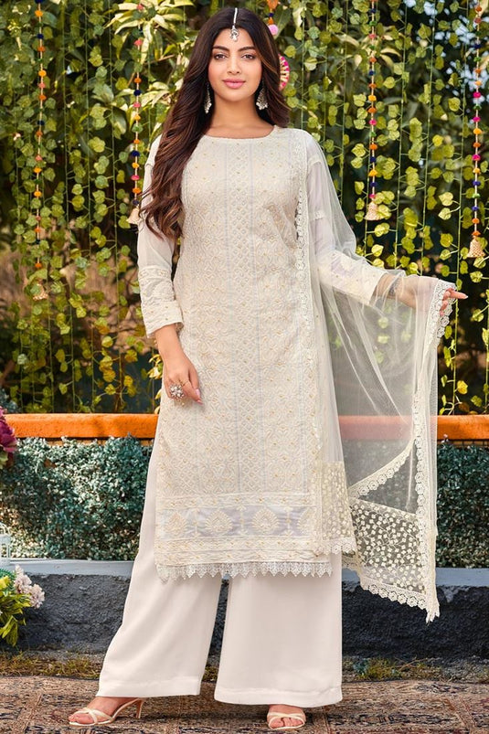 Akanksha Puri White Color Glittering Georgette Fabric Palazzo Suit