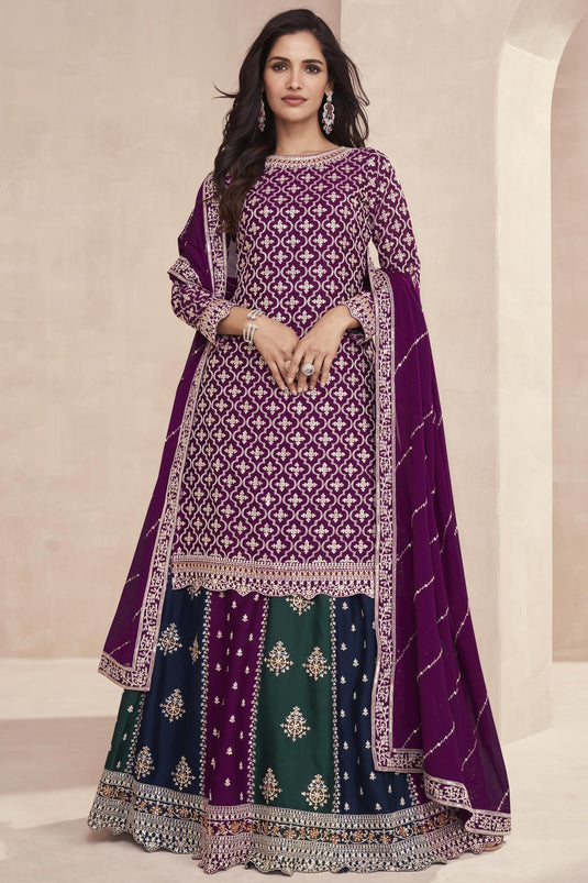 Purple Chinon Silk Fabric Embroidered Readymade Sharara Top Lehenga