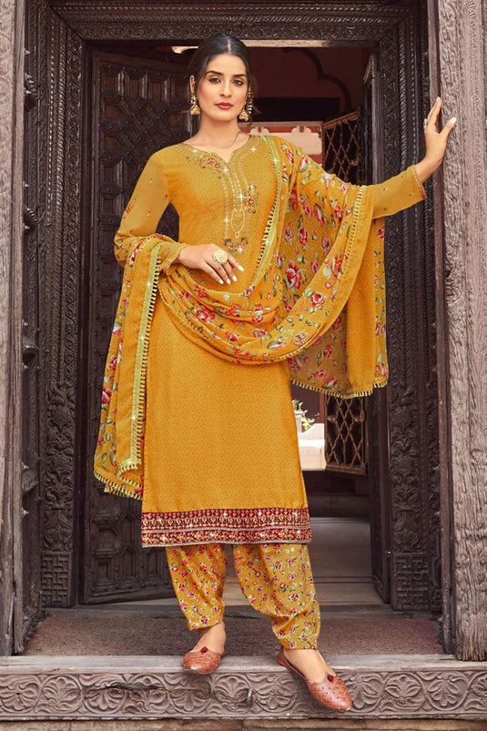 Dazzling Crepe Fabric Yellow Color Festival Style Patiala Suit