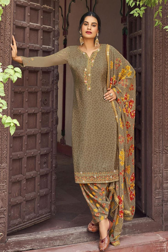 Crepe Fabric Beige Color Excellent Festival Style Patiala Suit