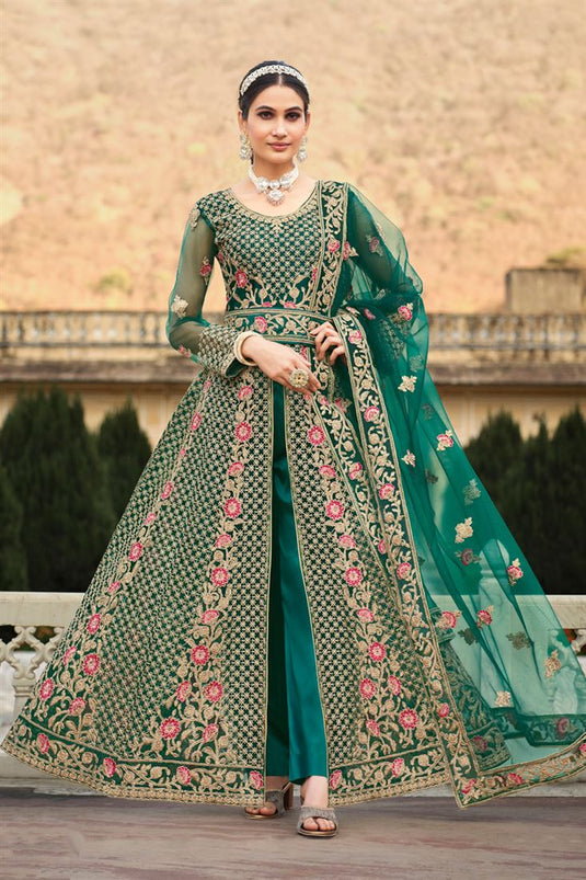 Green Embroidery Work Butterfly Net Anarkali Suit