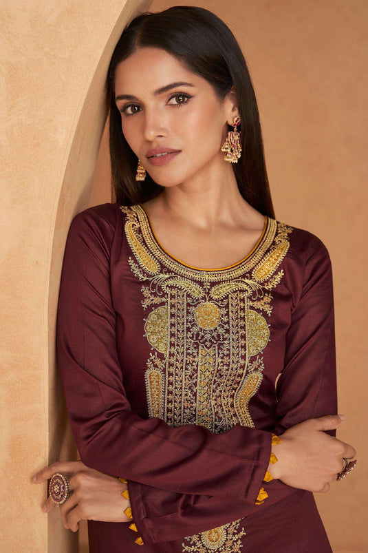 Vartika Singh Traditional Brown Color Satin Fabric Salwar Suit