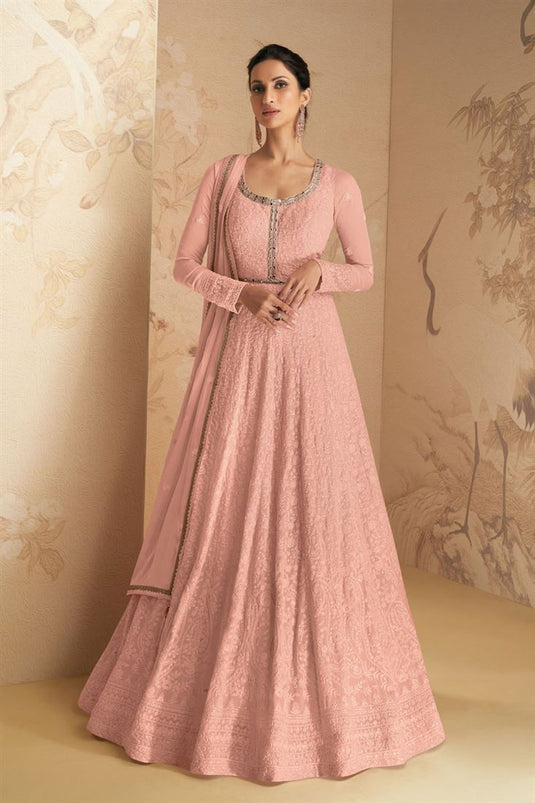 Radiant Peach Color Georgette Fabric Anarkali Suit For Function