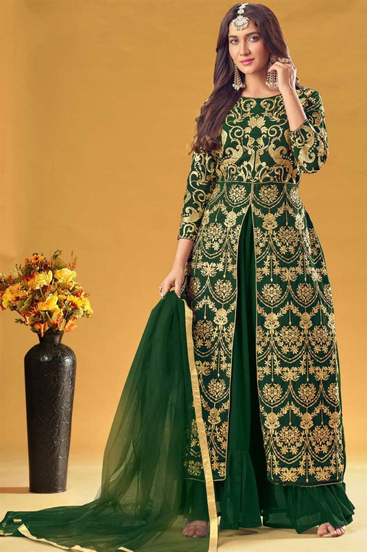 Alluring Dark Green Color Georgette Fabric Sangeet Wear Embroidered Work Palazzo Suit