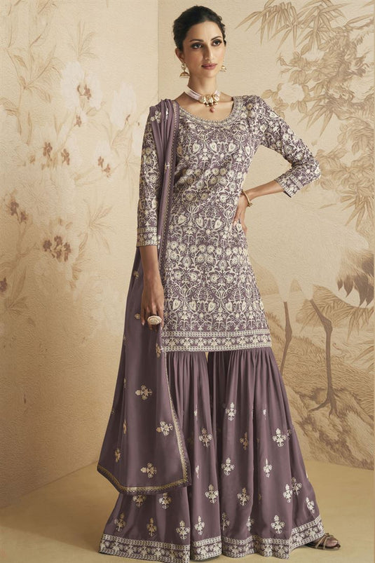 Wine Color Georgette Fabric Adorming Sharara Suit For Function