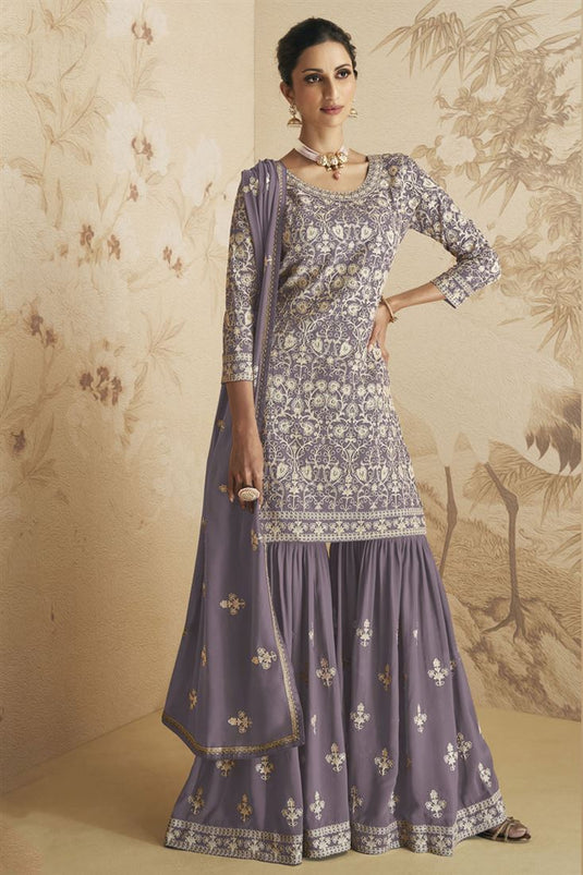 Lavender Color Georgette Fabric Tempting Sharara Suit For Function