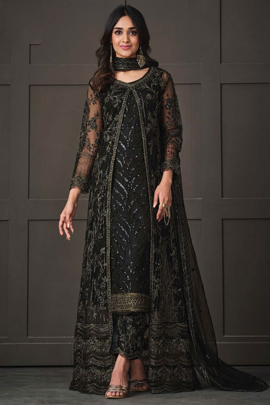 Black Color Net Fabric Party Wear Salwar Suit With Koti