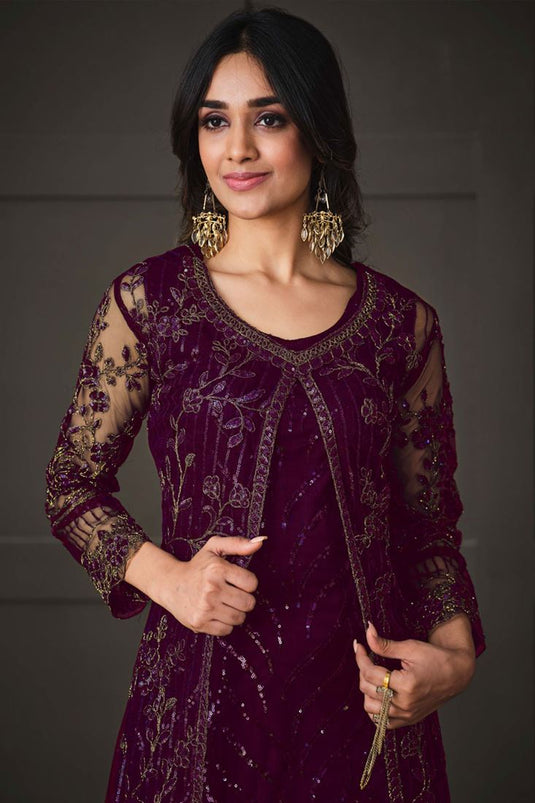 Net Fabric Purple Color Party Style Salwar Suit With Koti