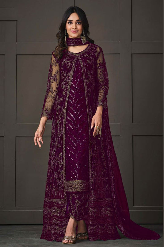 Net Fabric Purple Color Party Style Salwar Suit With Koti