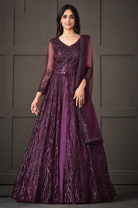 Trendy Purple Color Net Fabric Anarkali Suit With Sequins Work