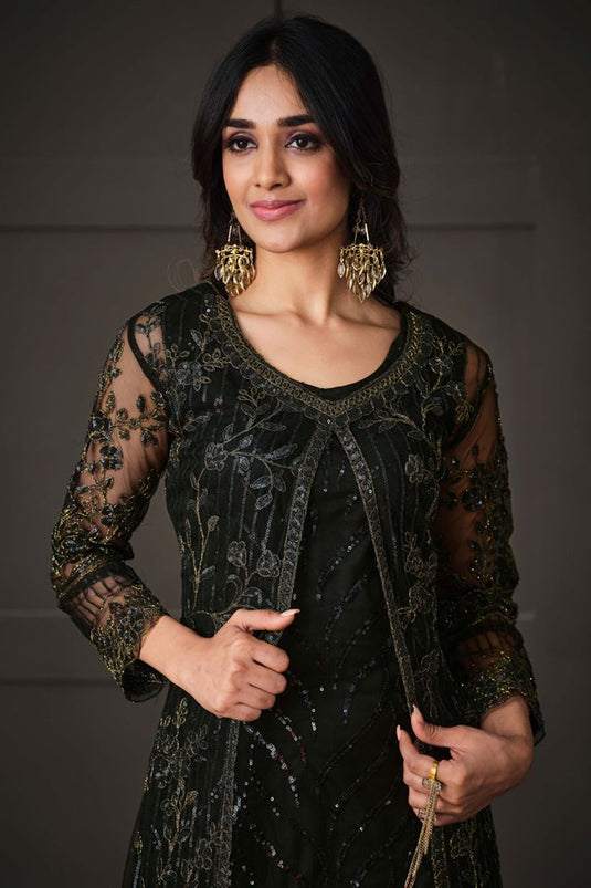 Black Color Gleaming Sequins Work Anarkali Suit In Net Fabric