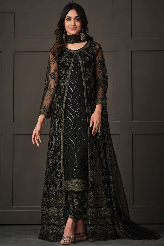 Black Color Gleaming Sequins Work Anarkali Suit In Net Fabric