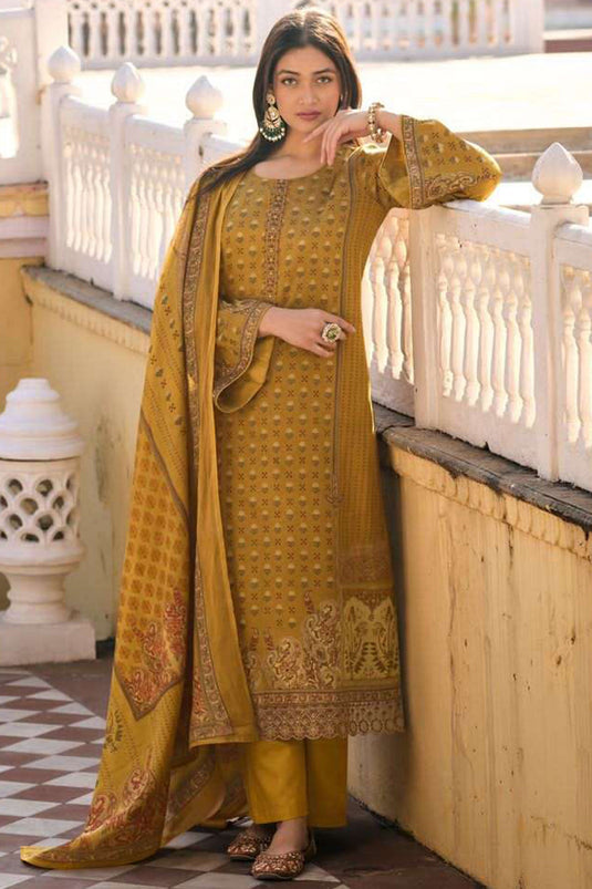 Alluring Viscose Fabric Mustard Color Printed Salwar Suit