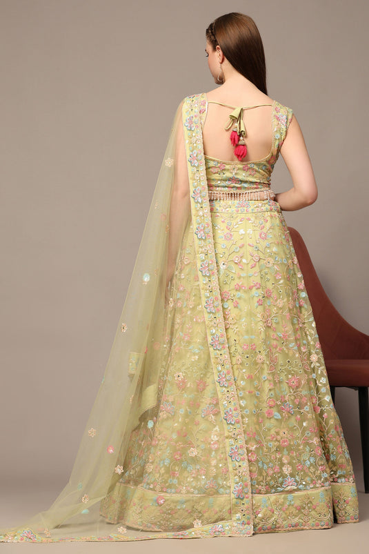 Sequins Work Sea Green Color Fashionable Readymade Lehenga In Net Fabric