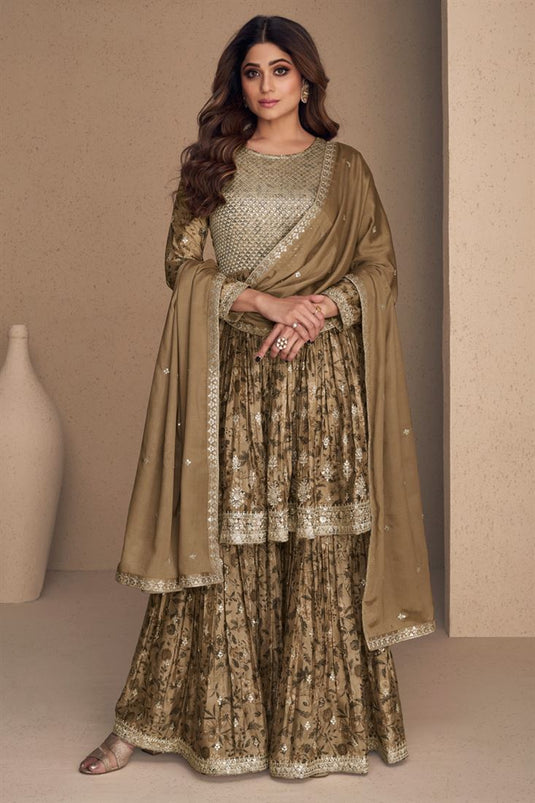 Shamita Shetty Charming Brown Color Chinon Fabric Sharara Suit