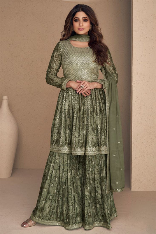 Shamita Shetty Alluring Chinon Fabric Olive Color Sharara Suit