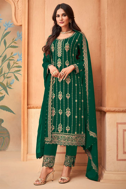 Attractive Look Georgette Green Color Embroidered Salwar Suit