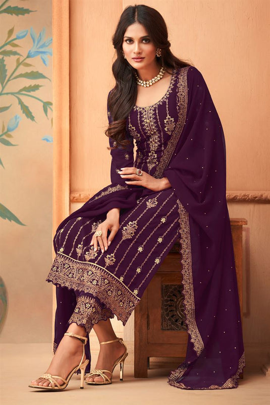 Georgette Purple Color Stunning Embroidered Salwar Suit