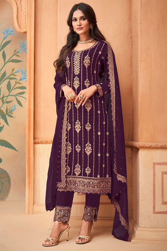 Georgette Purple Color Stunning Embroidered Salwar Suit