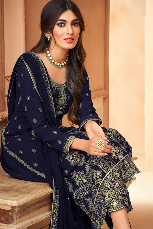 Appealing Party Style Georgette Salwar Suit In Navy Blue Color