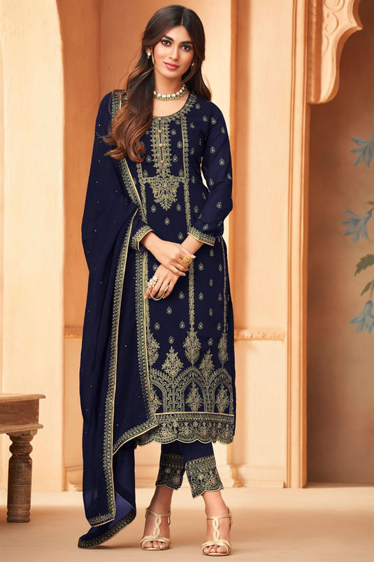 Appealing Party Style Georgette Salwar Suit In Navy Blue Color