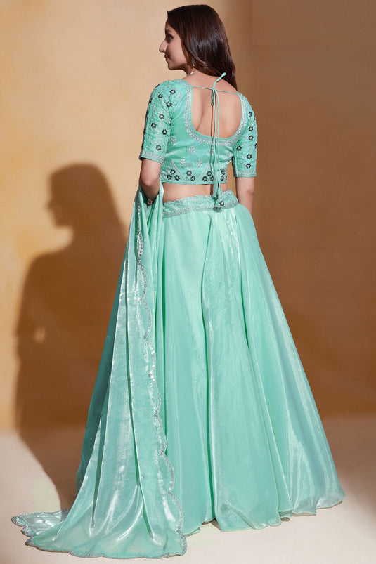 Sea Green Color Organza Silk Fabric Embroidered Designer Lehenga Choli