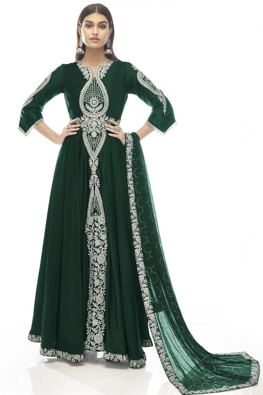 Function Wear Dark Green Color Beautiful Anarkali Suit In Satin Fabric