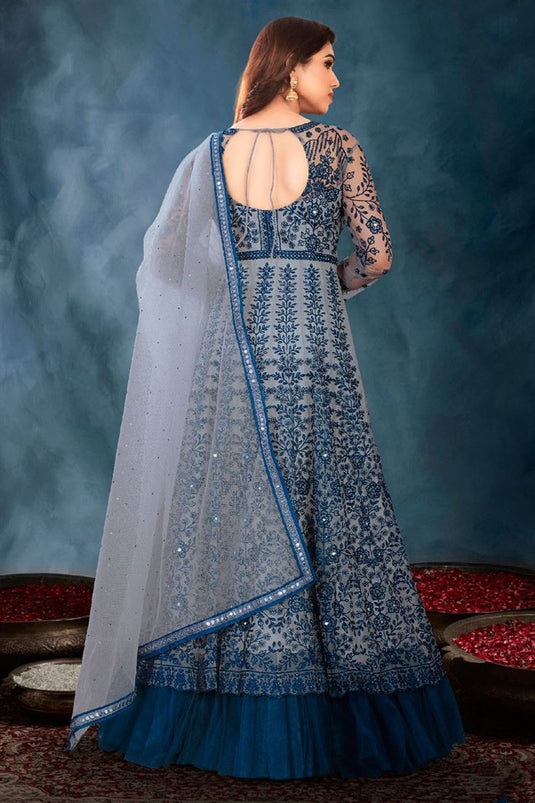 Party Wear Blue Color Resham Embroidered Work Anarkali Suit In Net Fabric