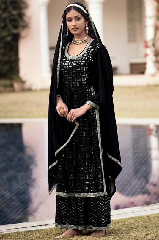 Glamorous Georgette Fabric Black Color Sequins Work Palazzo Suit