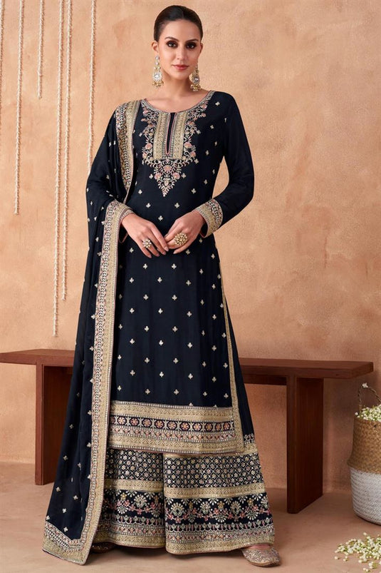 Navy Blue Color Attractive Party Look Georgette Palazzo Suit