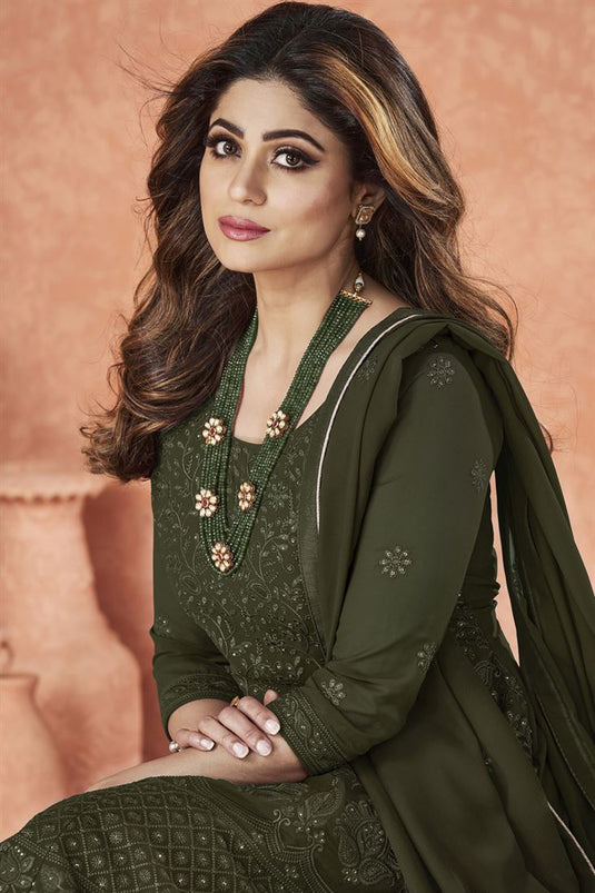 Shamita Shetty Mehendi Green Color Georgette Fabric Ravishing Sharara Suit