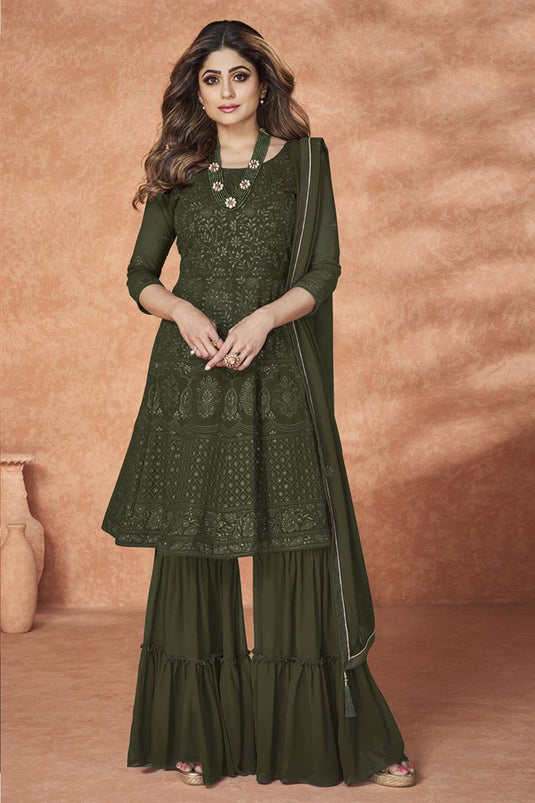 Shamita Shetty Mehendi Green Color Georgette Fabric Ravishing Sharara Suit