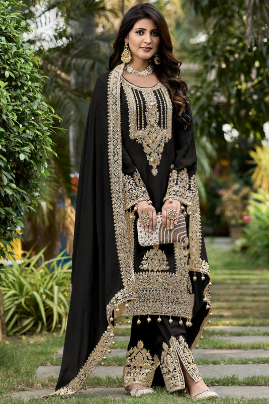 Black Color Festive Wear Embroidered Readymade Designer Salwar Suit In Chinon Fabric