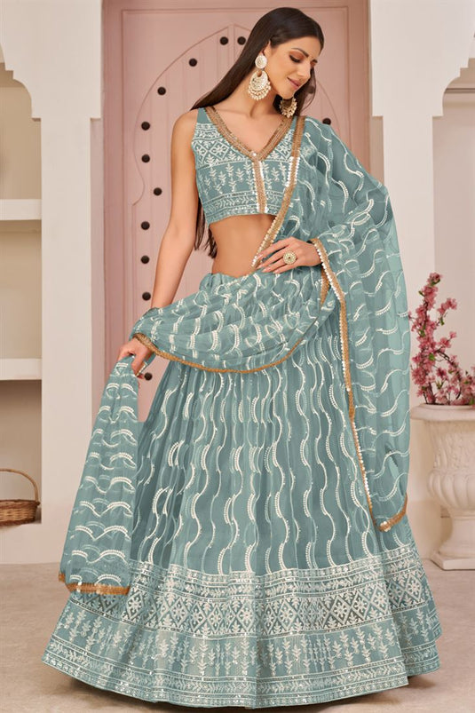 Light Cyan Color Fantastic Net Lehenga In Sangeet Wear