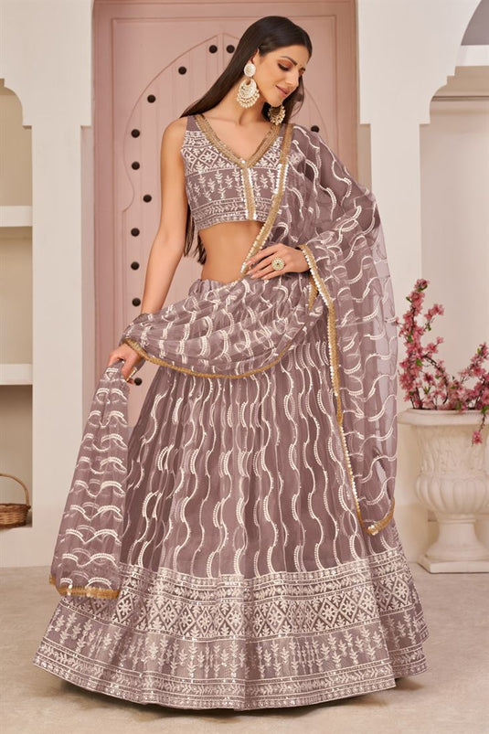 Appealing Sangeet Wear Net Lehenga In Pink Color