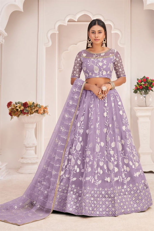 Net Fabric Fabulous Lavender Color Embroidered Lehenga