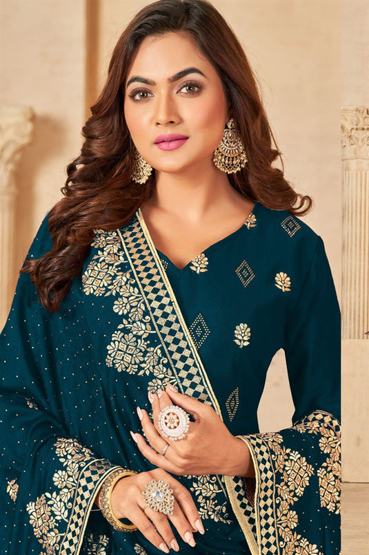 Glamorous Vichitra Fabric Teal Color Function Wear Salwar Suit