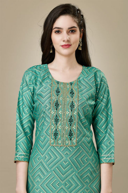 Sea Green Color Rayon Rayon Fabric Kurti With Pant