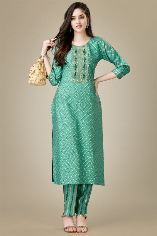 Sea Green Color Rayon Rayon Fabric Kurti With Pant