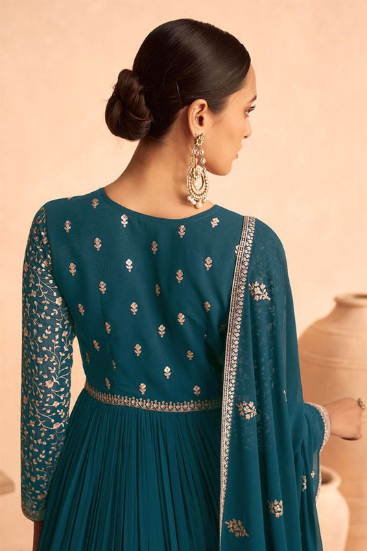 Teal Color Georgette Fabric Awesome Sangeet Wear Anarkali Suit