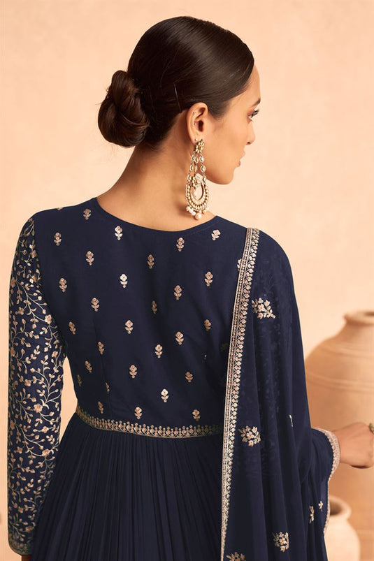 Georgette Fabric Navy Blue Color Elegant Sangeet Wear Anarkali Suit